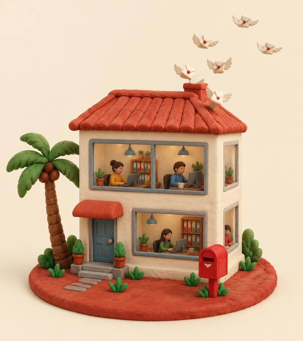 Clay illustration of the MailPadi office with people working inside